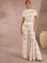 Mock Neck Lace Top & Flare Leg Pants Set